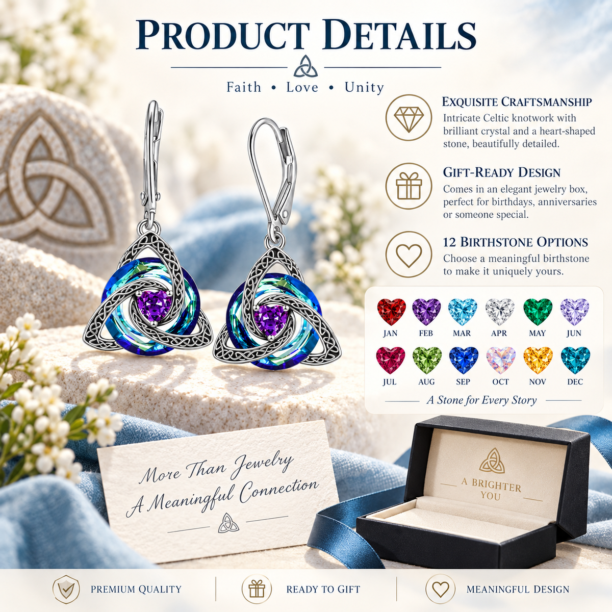 🛡️Celtic Knot Birthstone Drop Earrings – 12 Birth-Month Colours, One Meaningful Gift✨