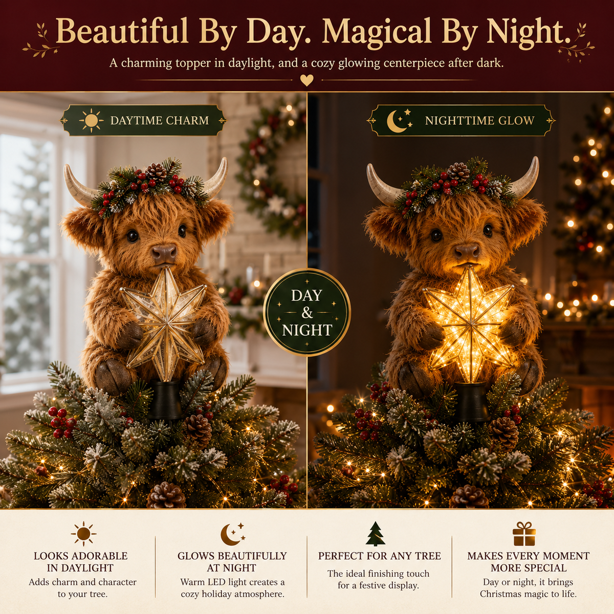 🎁Baby Highland Cow Glowing Star Tree Topper✨