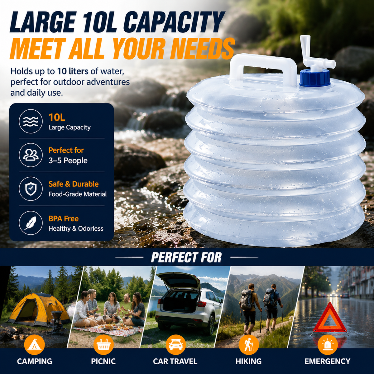 🏕️ Foldable Camping Water Container – 5L/10L/15L Portable Water Bucket