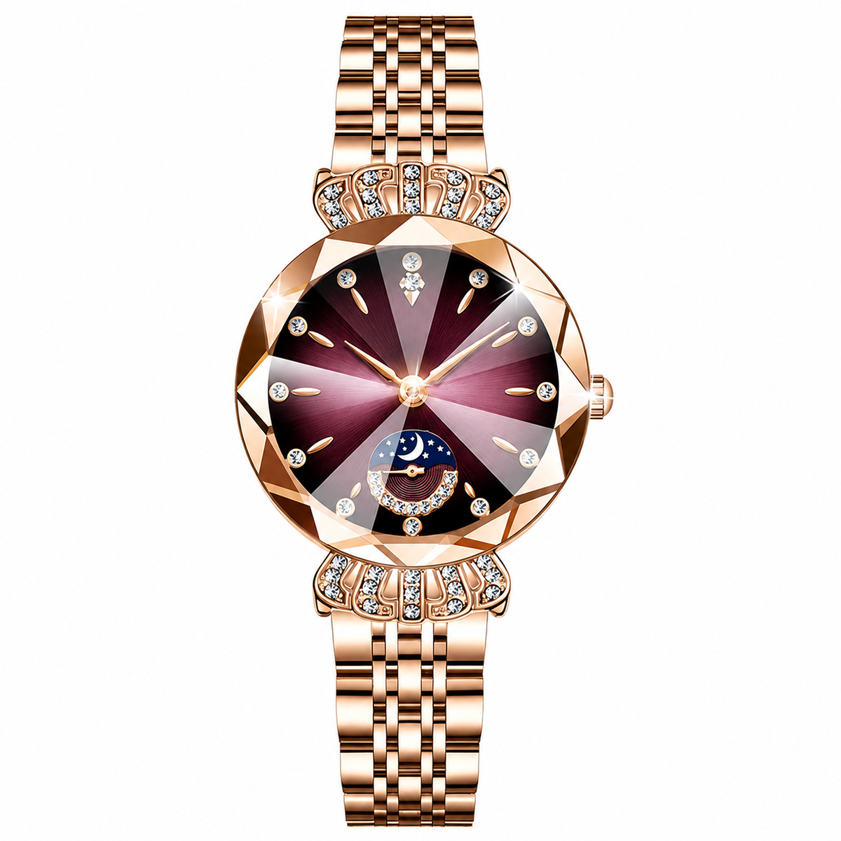 👑 Luxurious Rose Gold Crystal Quartz Watch – Diamond Cut Vintage Wristwatch✨