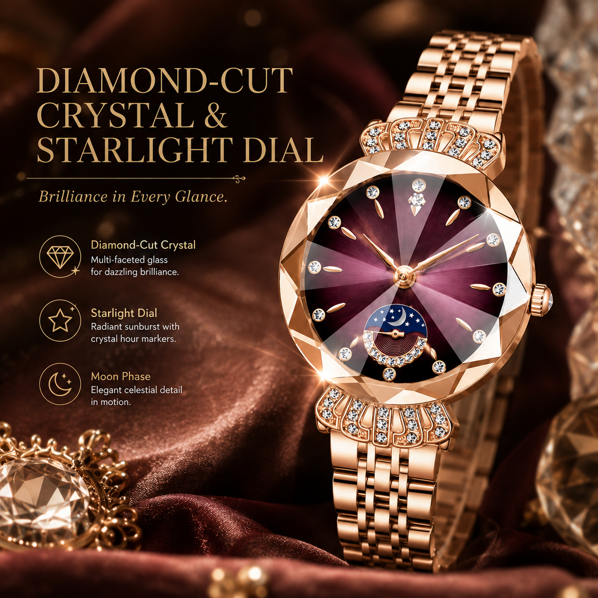👑 Luxurious Rose Gold Crystal Quartz Watch – Diamond Cut Vintage Wristwatch✨