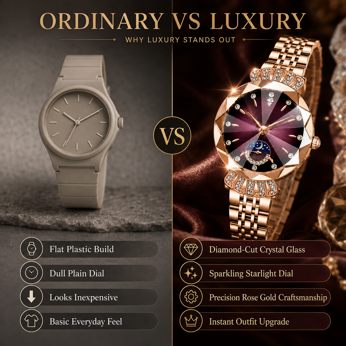 👑 Luxurious Rose Gold Crystal Quartz Watch – Diamond Cut Vintage Wristwatch✨