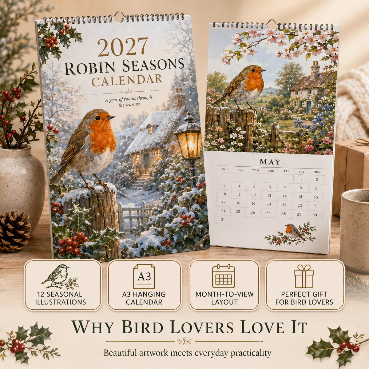 2027 Robin Seasons Calendar – British Countryside Garden Bird Wall Calendar & Gift for Bird Lovers