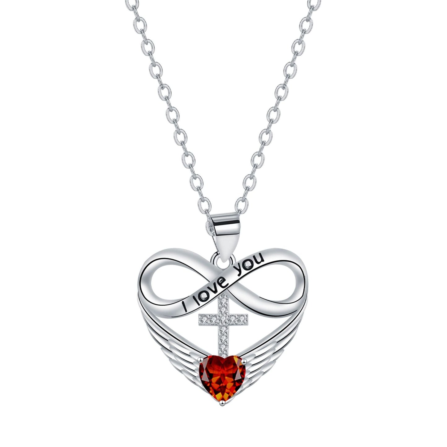 💖 I Love You Forever Heart Angel Wing Cross Necklace 💖