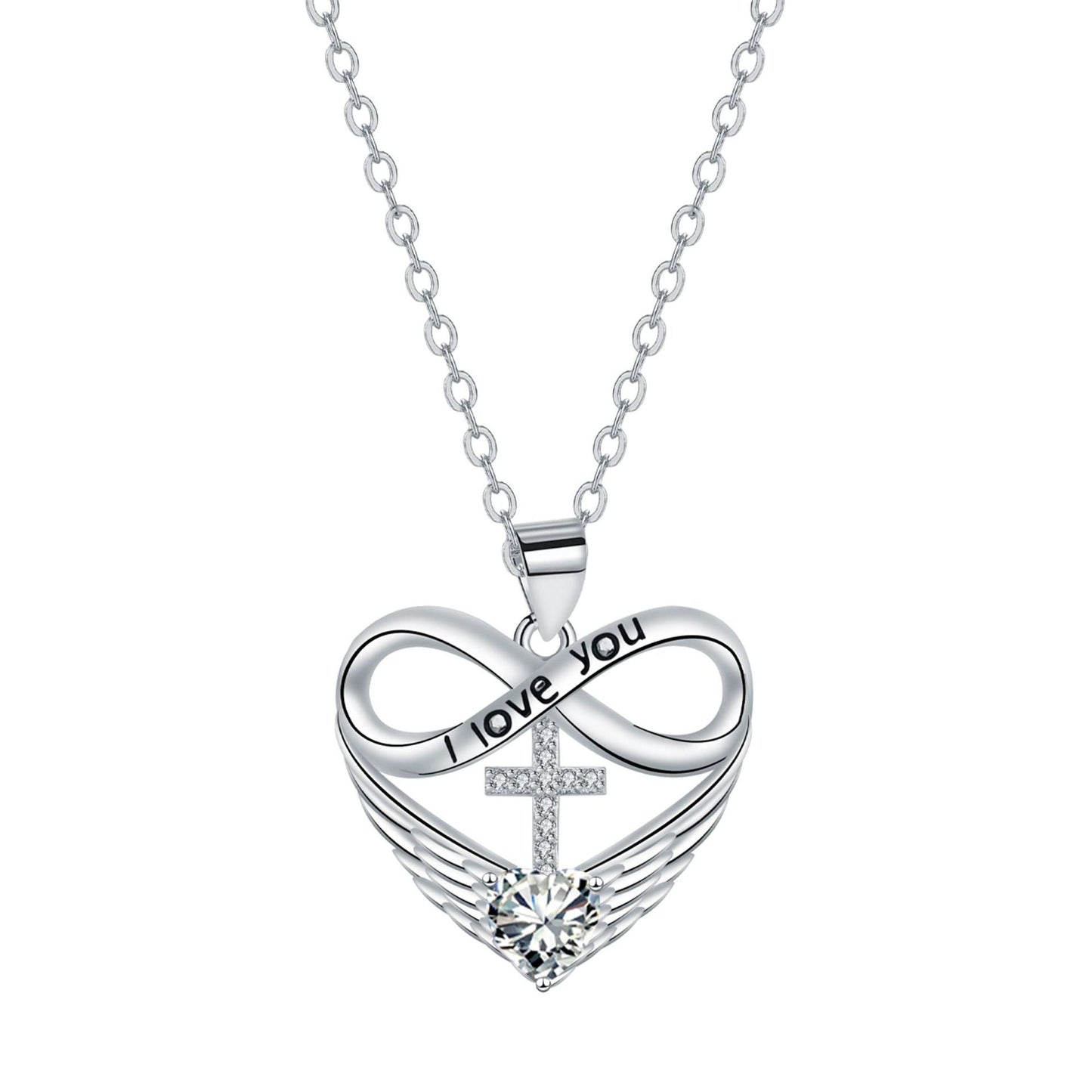 💖 I Love You Forever Heart Angel Wing Cross Necklace 💖