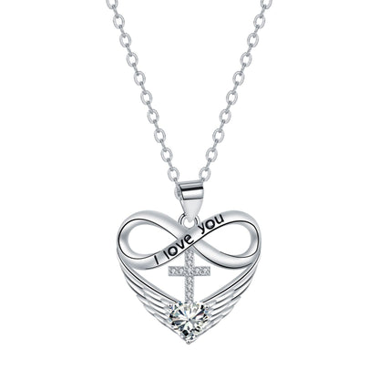 💖 I Love You Forever Heart Angel Wing Cross Necklace 💖