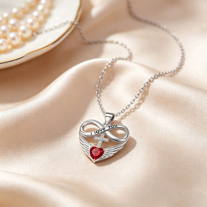 💖 I Love You Forever Heart Angel Wing Cross Necklace 💖