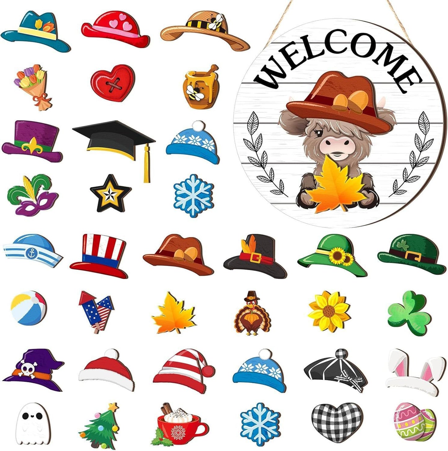 🐮 35-Piece Interchangeable Highland Cow Welcome Sign – Seasonal Magnetic Door Decor