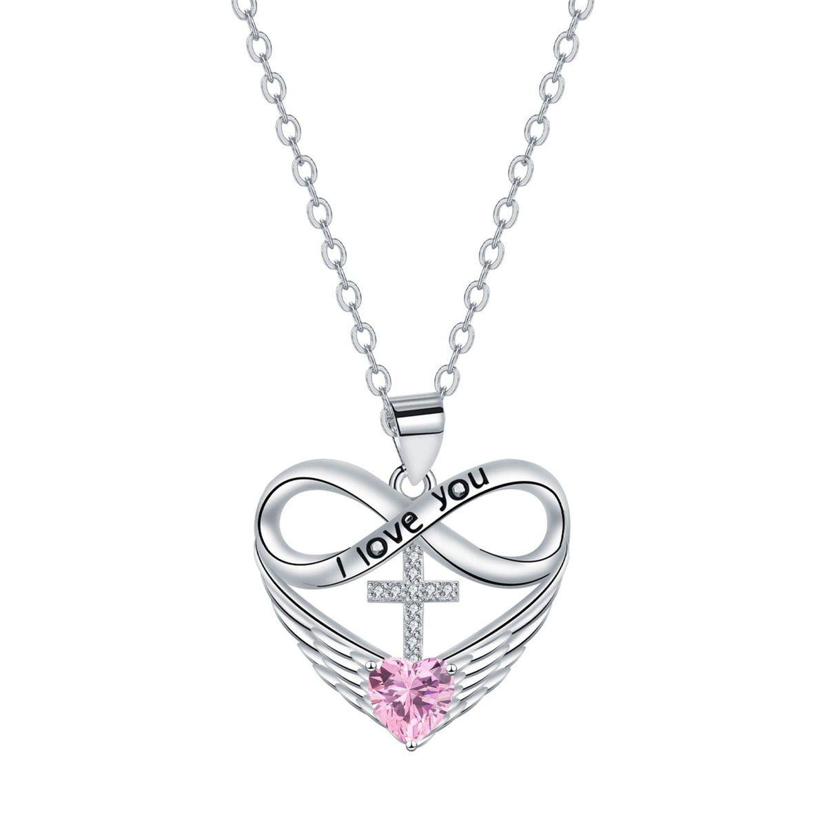 💖 I Love You Forever Heart Angel Wing Cross Necklace 💖
