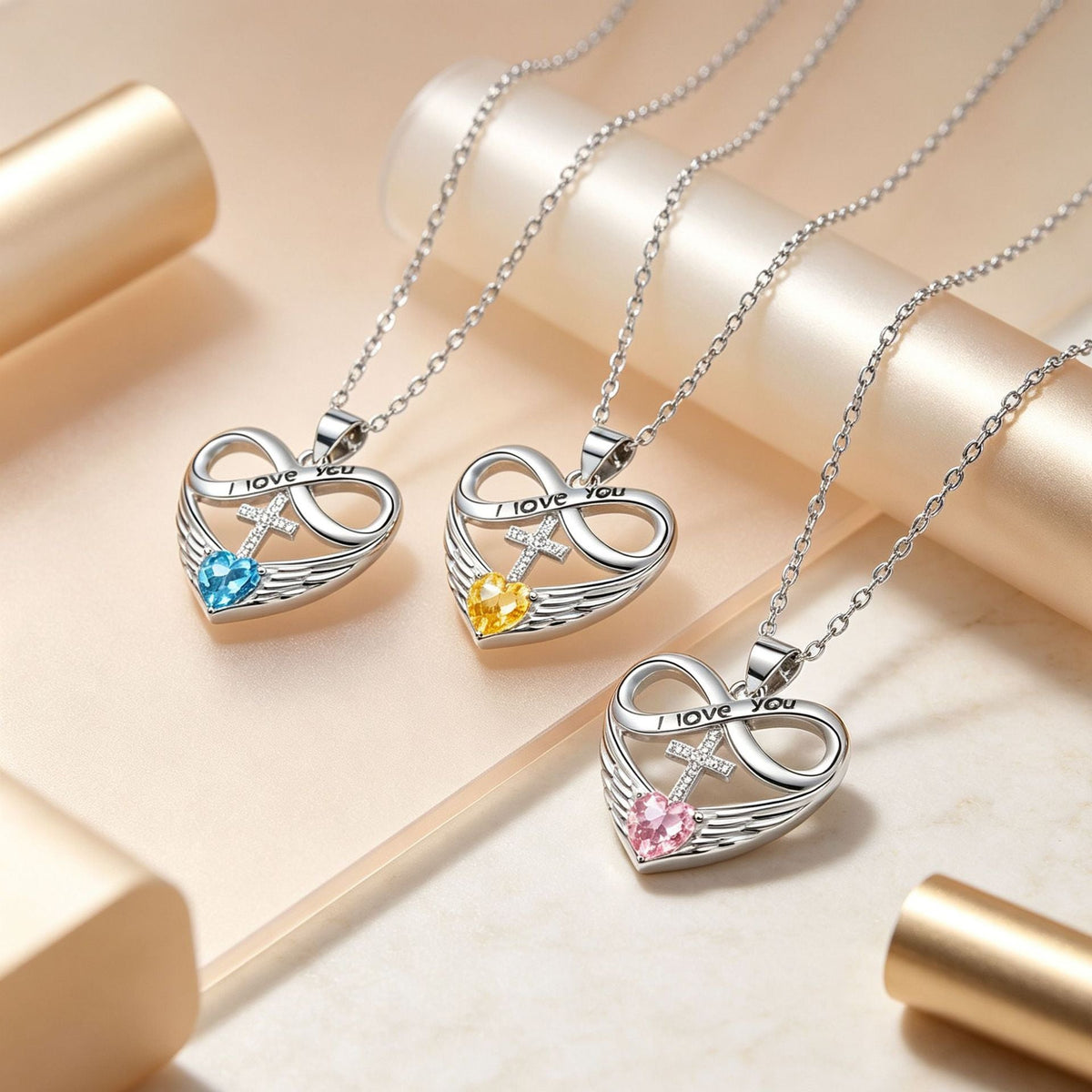 💖 I Love You Forever Heart Angel Wing Cross Necklace 💖