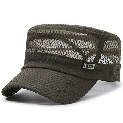 Breathable Open-Mesh Flat-Top Cap – Adjustable Metal Buckle, Unisex Military Style Hat