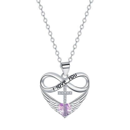 💖 I Love You Forever Heart Angel Wing Cross Necklace 💖