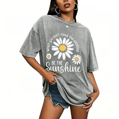 Women's Summer T-Shirt: Sunshine Graphic,solid colors, Double Stitching, Breathable, Loose Fit, Casual Basic Tee for Daily Wear💗