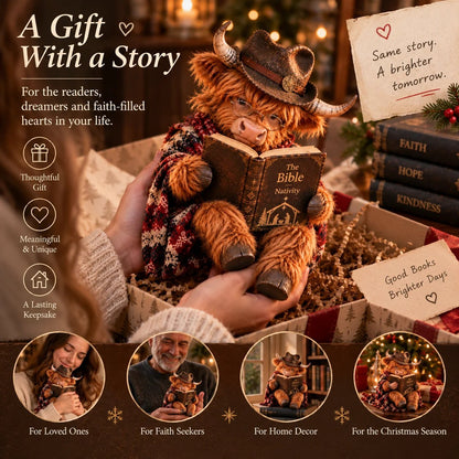 🐮 Highland Cow Bible Nativity Figurine | Bookish Christmas Faith Décor for Shelves, Desks & Meaningful Gifts 🎄