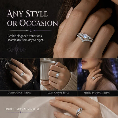 🌙✨ Vintage Gothic Crescent Moon Moonstone Ring – Platinum Plated V-Shaped Prong Setting, Pavé Sparkle & Ergonomic Comfort – Mystical Elegance for Every Day 💍
