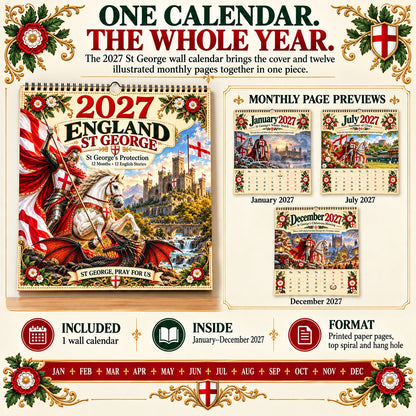 ⏳ Last Day 49% OFF – 🛡️ 2027 England St. George Wall Calendar | 12 Illustrated Monthly Scenes with Faith, Courage & Heritage 🇬🇧
