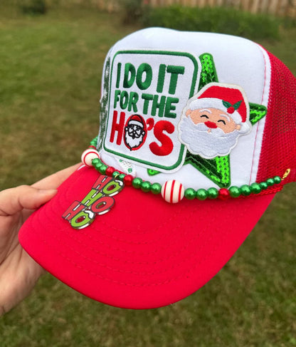 I Do It for the Ho’s Christmas Trucker Hat with Embroidered Patches & HO HO HO Hat Chain
