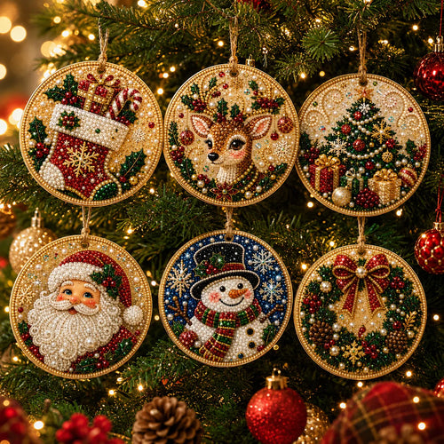 6 Pcs Christmas Wooden Ornaments DIY Pearls Diamond Painting Kit Rhinestone Art Pendants with Hemp Rope for Holiday Tree Decor