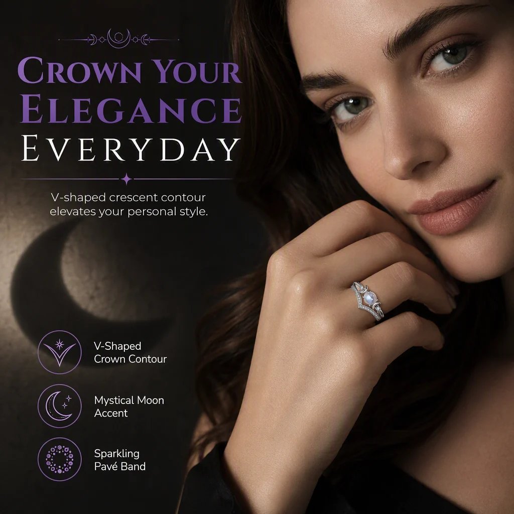 🌙✨ Vintage Gothic Crescent Moon Moonstone Ring – Platinum Plated V-Shaped Prong Setting, Pavé Sparkle & Ergonomic Comfort – Mystical Elegance for Every Day 💍