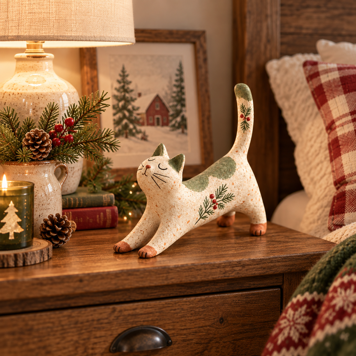 🐈🎄 Woodland Christmas Cat Figurine--a cosy little woodland friend for your holiday home