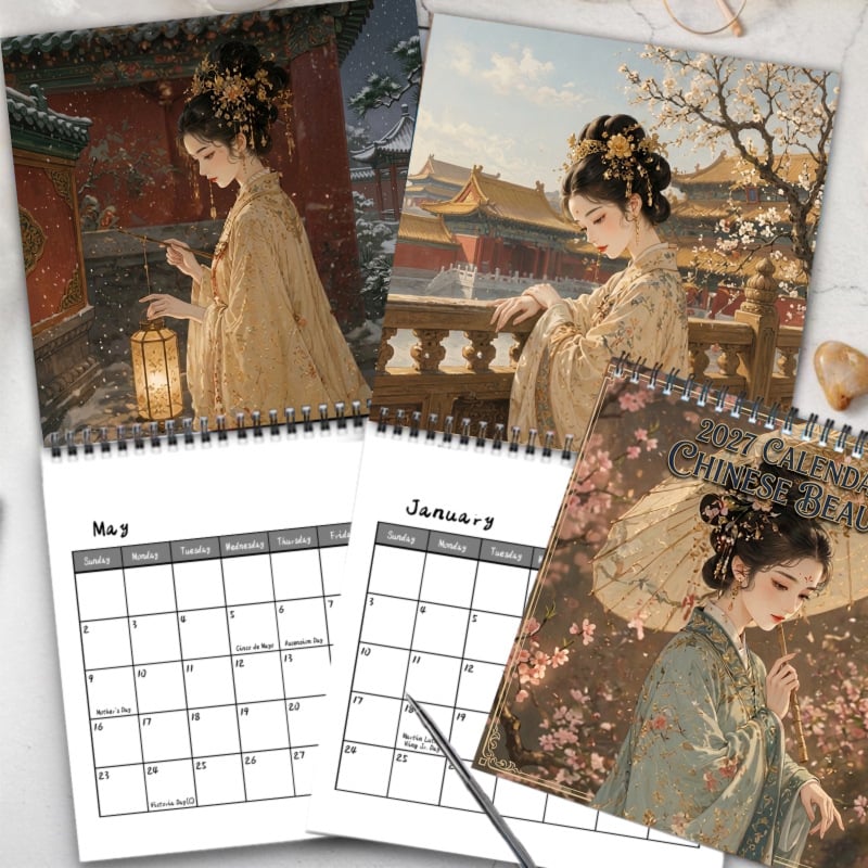 🏮 2027 Chinese Beauty Wall Calendar, Spiral Monthly Home Decor