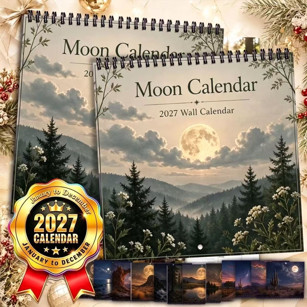 2027 Moon Phase Wall Calendar, Spiral Bound Lunar Art Gift Decor