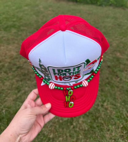 I Do It for the Ho’s Christmas Trucker Hat with Embroidered Patches & HO HO HO Hat Chain
