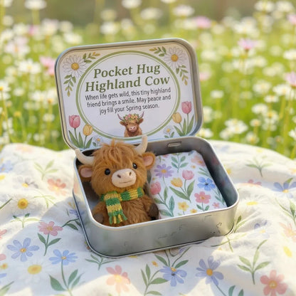 🌾🐮Handmade Wool Felt Highland Cow Pocket Hug – Mini Plush Gift Set for Anxiety Relief💛 Cute Desk Decor & Stocking Stuffer