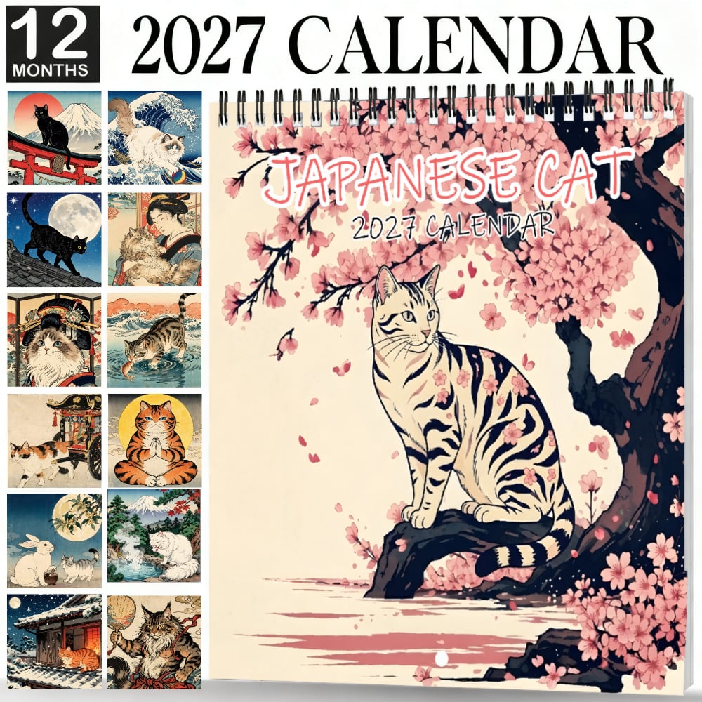🐱 2027 Cat Wall Calendar, Cute Cherry Blossom Decor