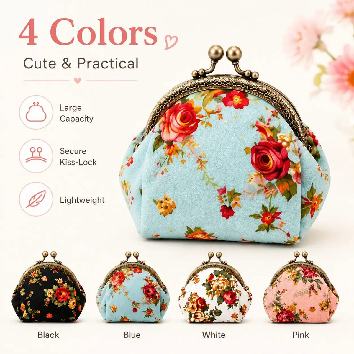 🌸Vintage Floral Kiss Lock Coin Purse, Large Capacity Mini Wallet & Card Holder for Cards
