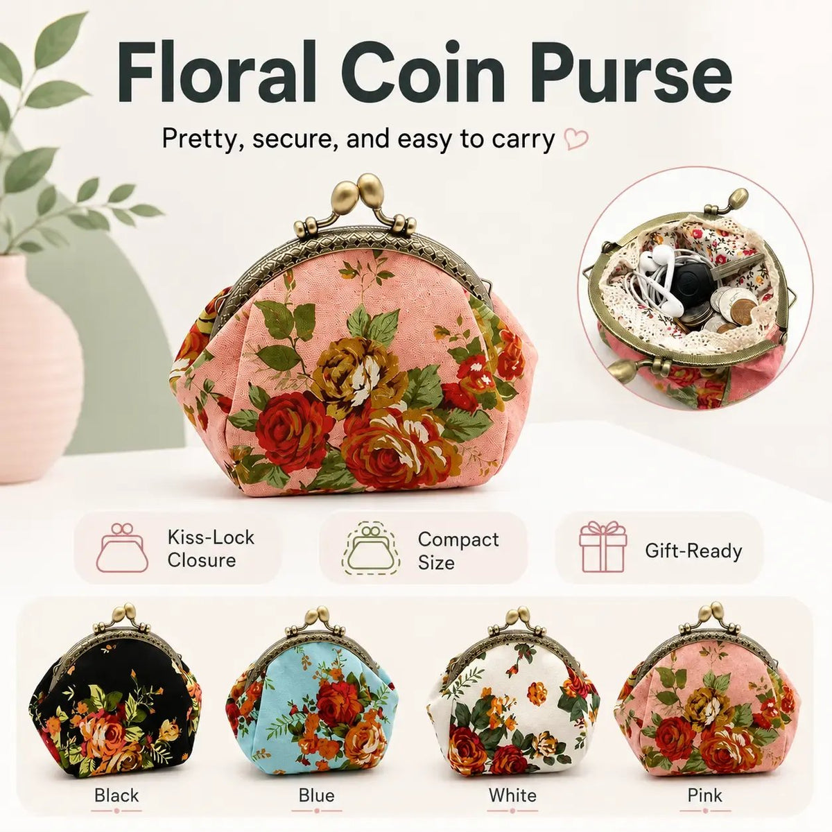 🌸Vintage Floral Kiss Lock Coin Purse, Large Capacity Mini Wallet & Card Holder for Cards