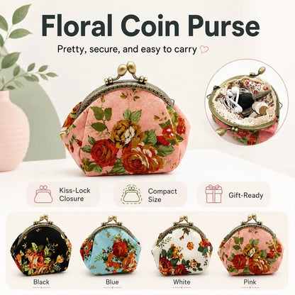 🌸Vintage Floral Kiss Lock Coin Purse, Large Capacity Mini Wallet & Card Holder for Cards