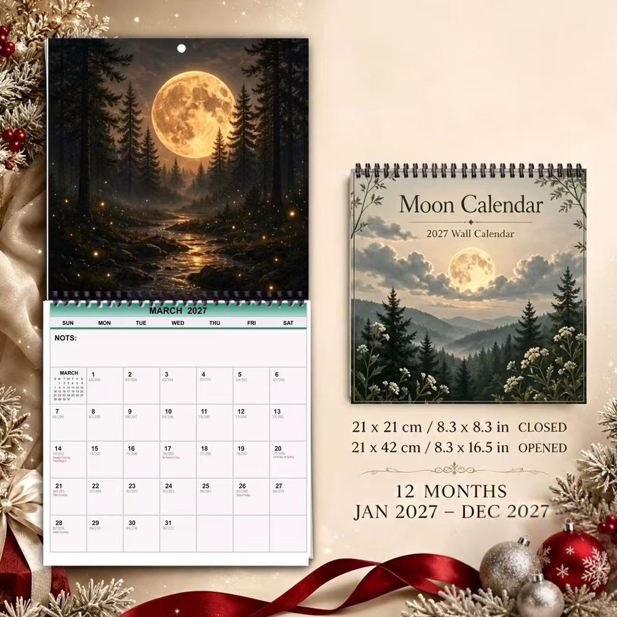 2027 Moon Phase Wall Calendar, Spiral Bound Lunar Art Gift Decor