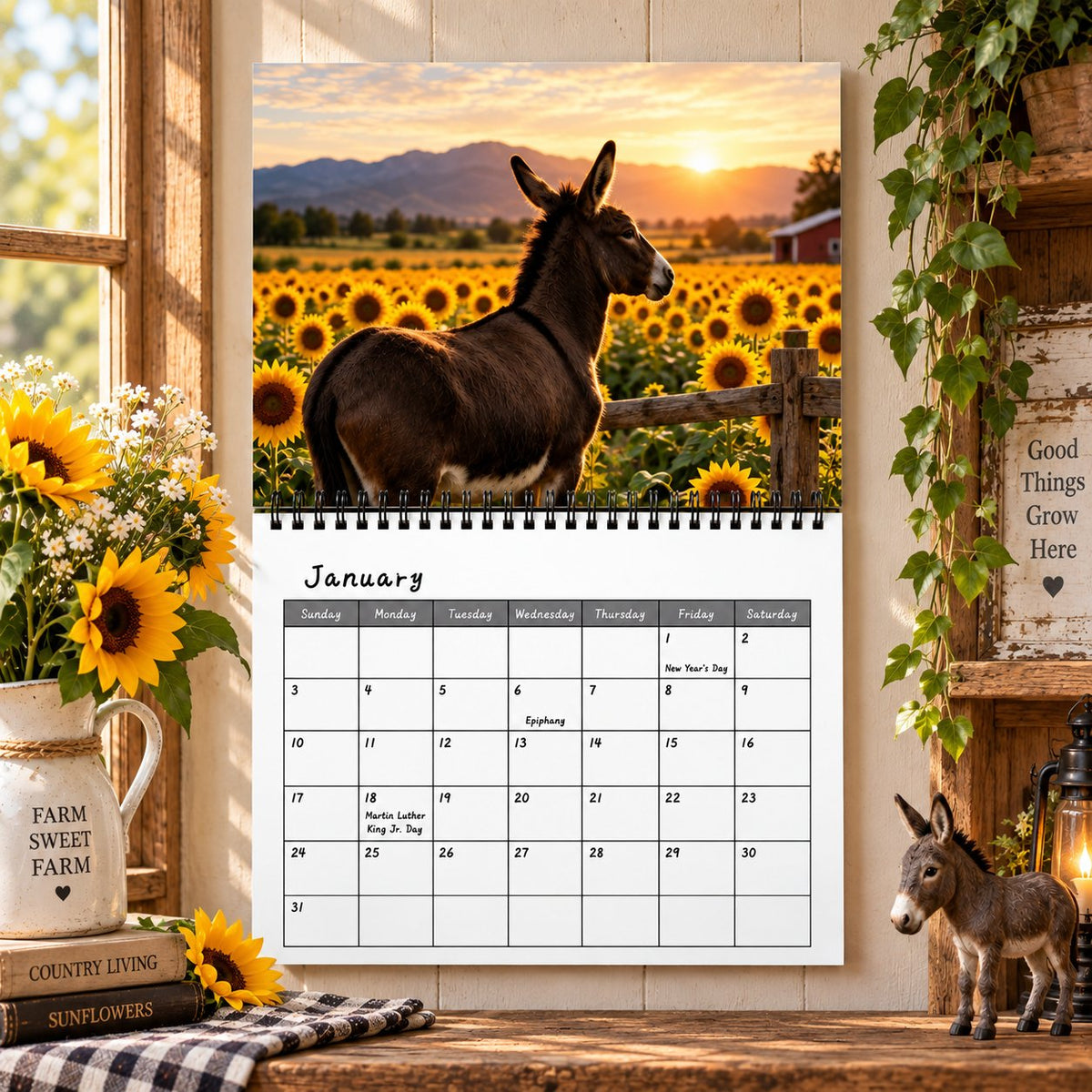 🫏2027 Donkey Wall Calendar – 12 Months of Gentle Donkey Portraits & Peaceful Countryside Moments