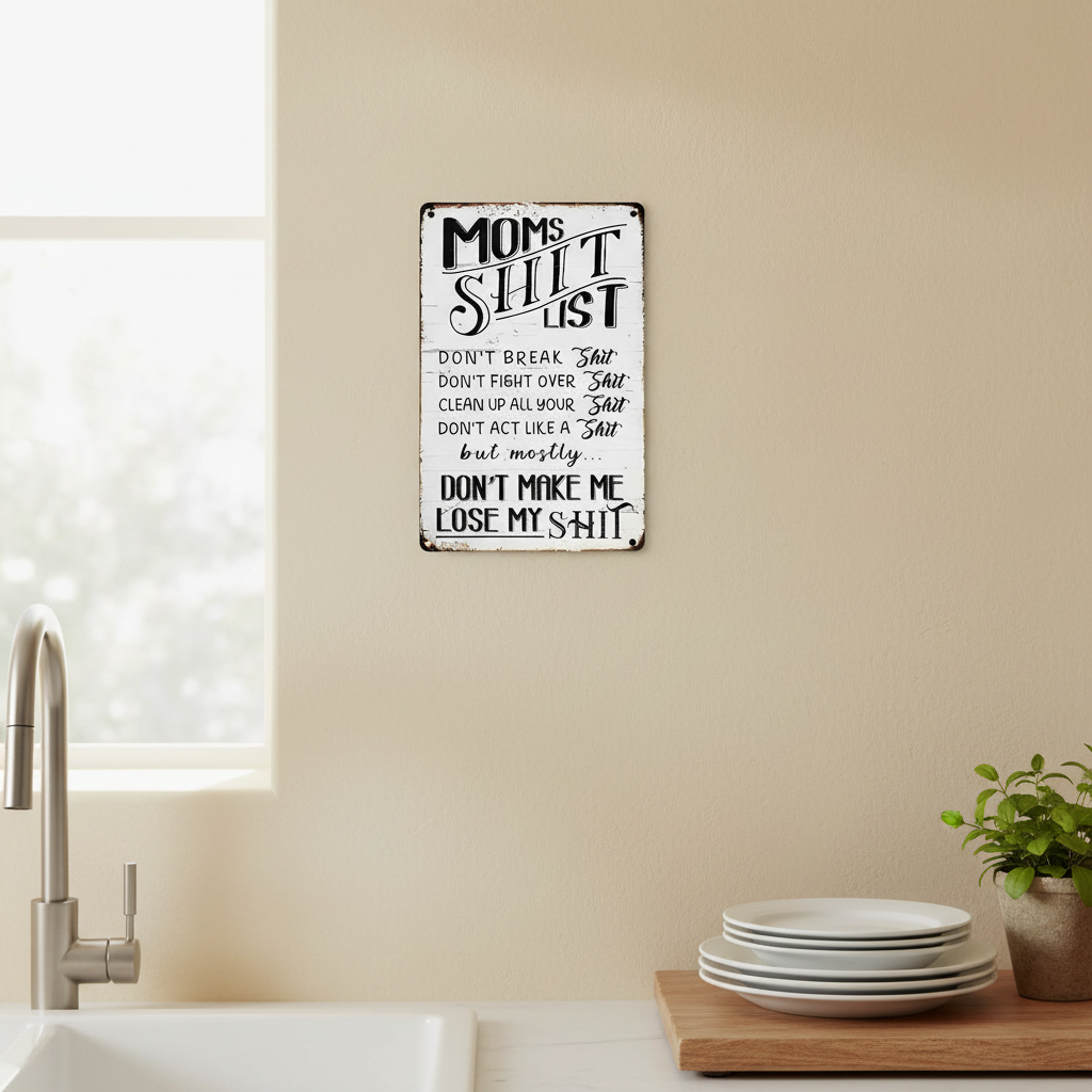 Funny Mom’s Shit List Kitchen Sign – Vintage Metal Wall Decor Gift