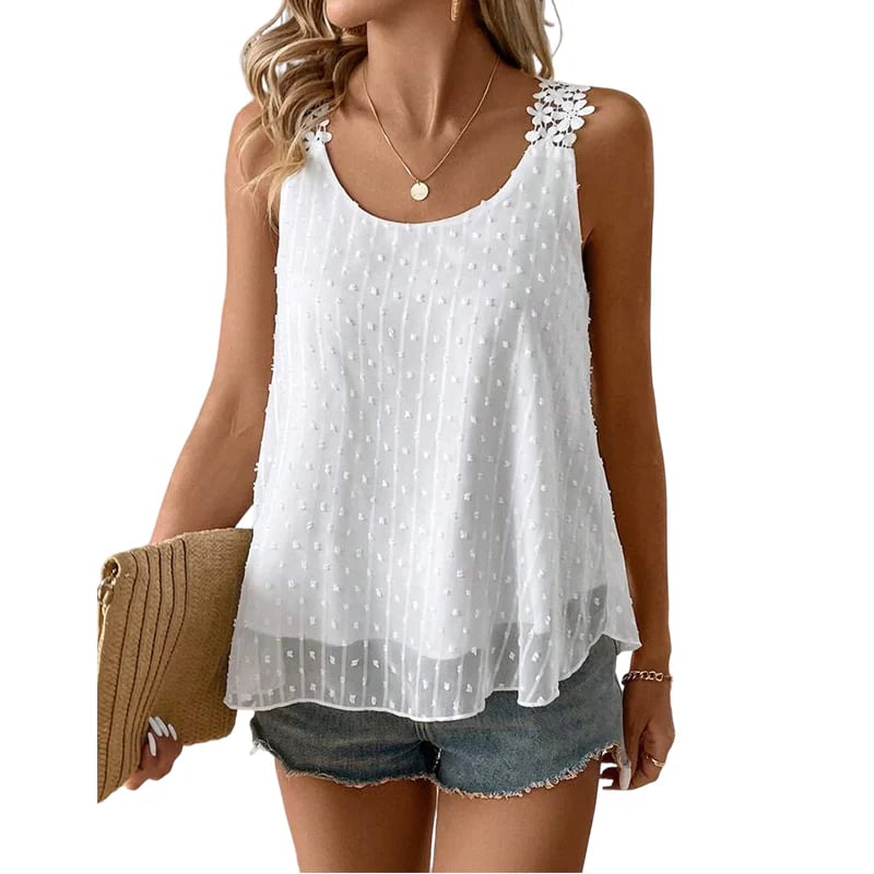 👚⏰ Elegant Dot Lace Strap Tank Top – Soft & breathable – Delicate lace straps, flattering fit – perfect for layering or summer chic 🌸