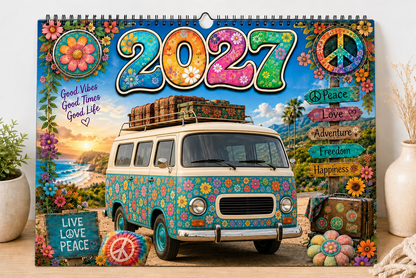 🌼 2027 Hippie Boho Wall Calendar – Retro Road Trip Calendar