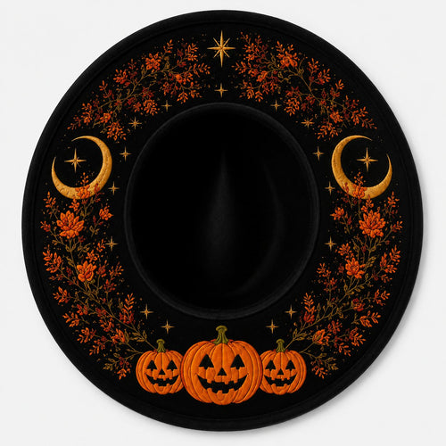 🎃 Gothic Embroidered Wide Brim Fedora Hat 🖤🌙