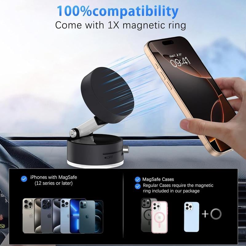 Vacuum magnetic phone holder, foldable and portable double-sided vacuum magnetic adjustable phone stand.