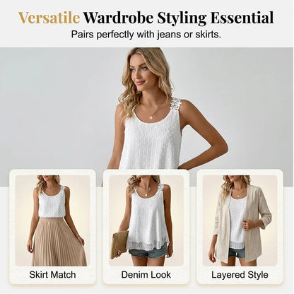 👚⏰ Elegant Dot Lace Strap Tank Top – Soft & breathable – Delicate lace straps, flattering fit – perfect for layering or summer chic 🌸