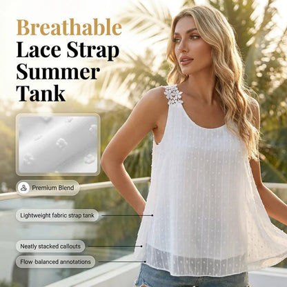 👚⏰ Elegant Dot Lace Strap Tank Top – Soft & breathable – Delicate lace straps, flattering fit – perfect for layering or summer chic 🌸