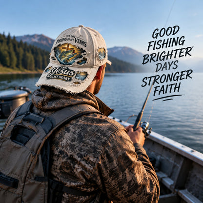 🎣✝️ Fishing & Faith Cap | “Fishing in My Veins, Jesus in My Heart” Christian Fisherman Hat for Lake, Boat & Outdoor Adventures 🙏🌊
