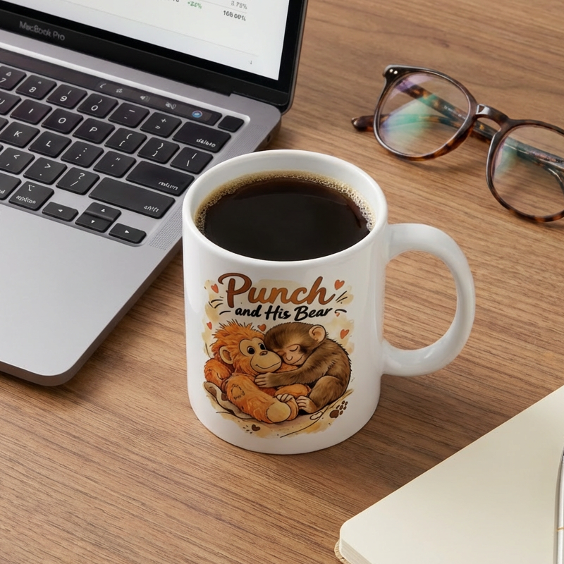 "Punch and His Bear" Cute Monkey Ceramic Mug