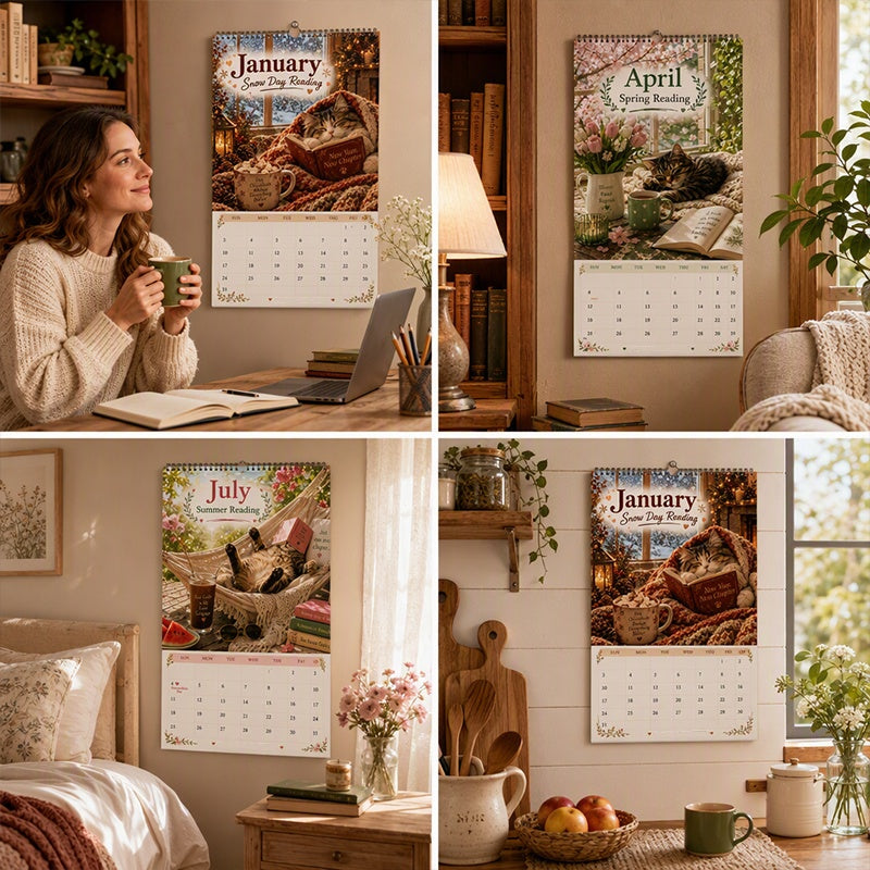 😻 2027 Cats Chillin' with Books Wall Calendar – Adorable Cat‑Book Art, Large Writing Blocks, Perfect Gift For Cat & Book Lovers!