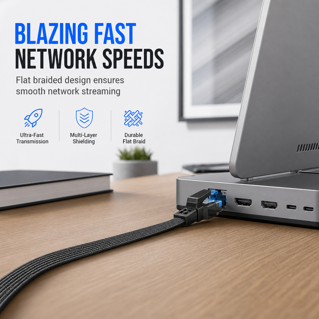 🔥Cat8 Flat Ethernet Cable 40Gbps Shielded Black Braided Network Cord with Oxygen-Free Copper and Blue Connectors