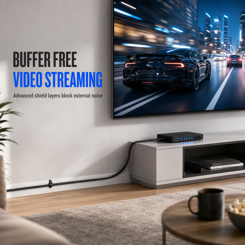 🔥Cat8 Flat Ethernet Cable 40Gbps Shielded Black Braided Network Cord with Oxygen-Free Copper and Blue Connectors