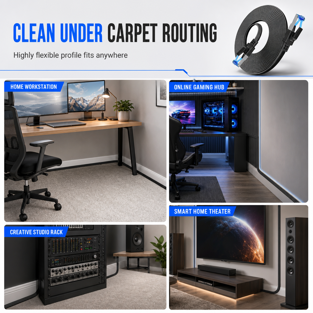 🔥Cat8 Flat Ethernet Cable 40Gbps Shielded Black Braided Network Cord with Oxygen-Free Copper and Blue Connectors