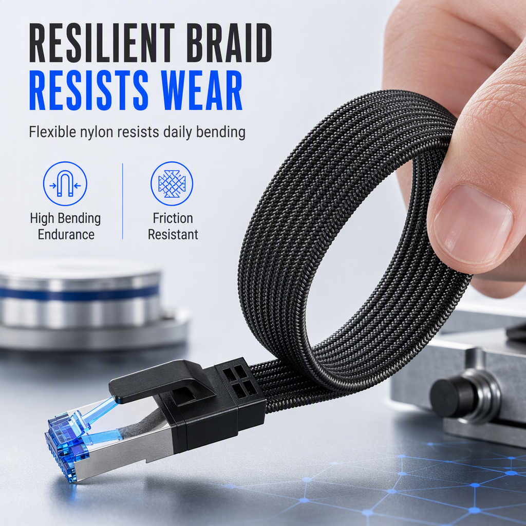 🔥Cat8 Flat Ethernet Cable 40Gbps Shielded Black Braided Network Cord with Oxygen-Free Copper and Blue Connectors