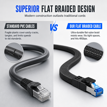 🔥Cat8 Flat Ethernet Cable 40Gbps Shielded Black Braided Network Cord with Oxygen-Free Copper and Blue Connectors