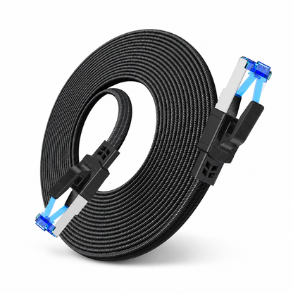 🔥Cat8 Flat Ethernet Cable 40Gbps Shielded Black Braided Network Cord with Oxygen-Free Copper and Blue Connectors
